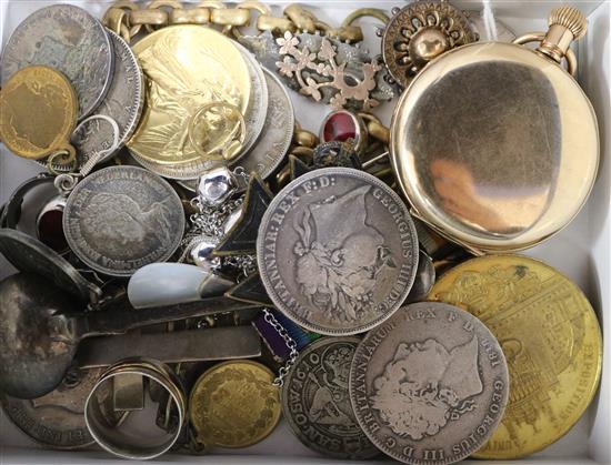Mixed coins, medals, brooches and a boxed watch opening tool.